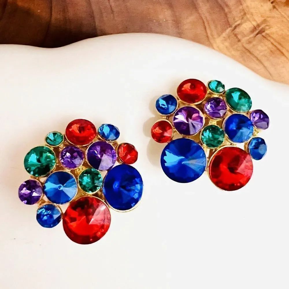 Vintage Colorful Rivoli Rhinestone Crystal Earrings Button Gold Clip On MCM 4607